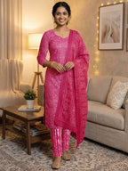 Exclusive Pink Bandhani Printed Rayon Dress Material With Delicate Design Finish