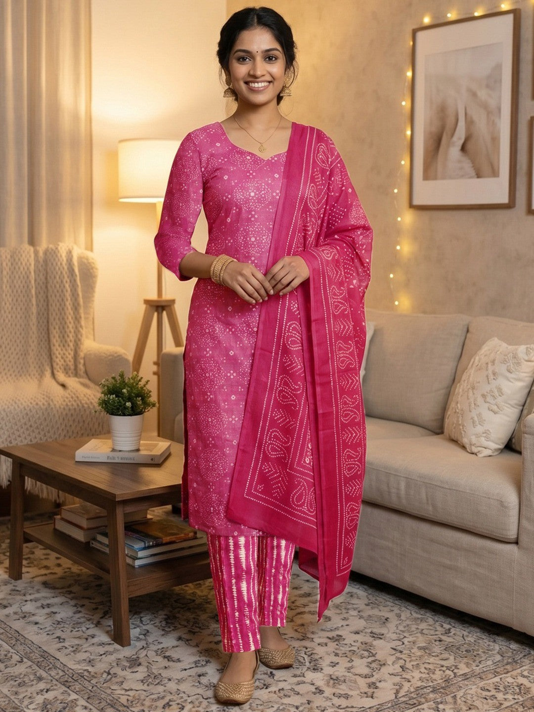 Exclusive Pink Bandhani Printed Rayon Dress Material With Delicate Design Finish