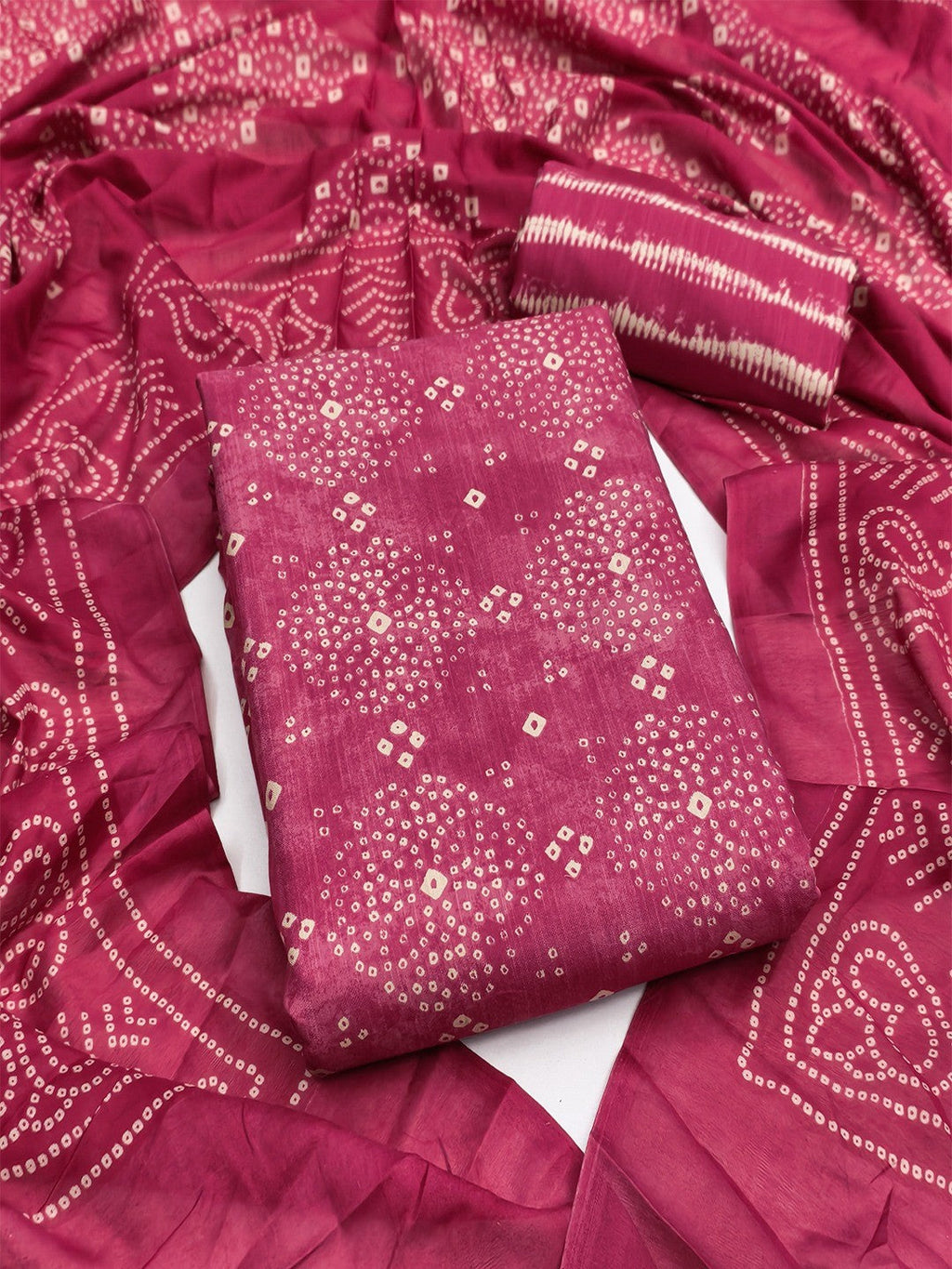 Exclusive Pink Bandhani Printed Rayon Dress Material With Delicate Design Finish