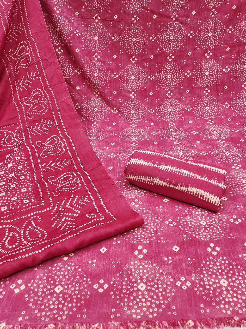 Exclusive Pink Bandhani Printed Rayon Dress Material With Delicate Design Finish