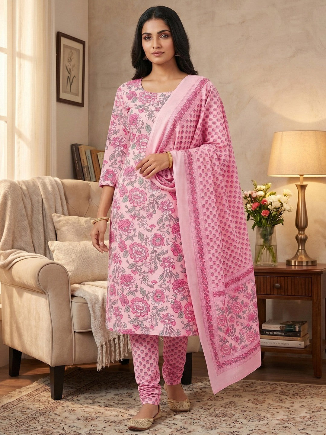 Exclusive Light Pink Floral Printed Rayon Dress Material With Delicate Design Finish
