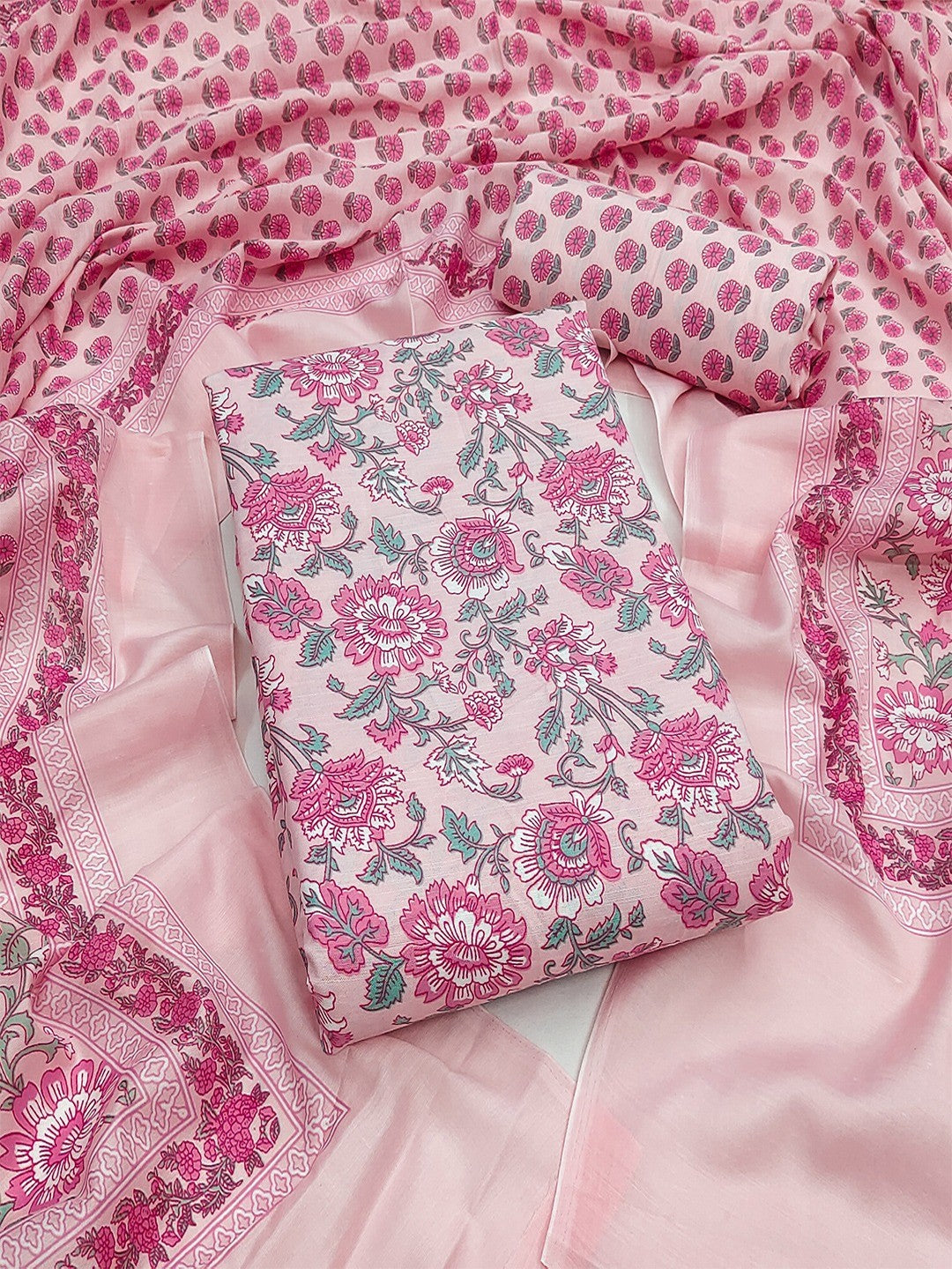 Exclusive Light Pink Floral Printed Rayon Dress Material With Delicate Design Finish