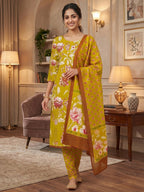 Exclusive Dark Mustard Floral Printed Rayon Dress Material With Delicate Design Finish