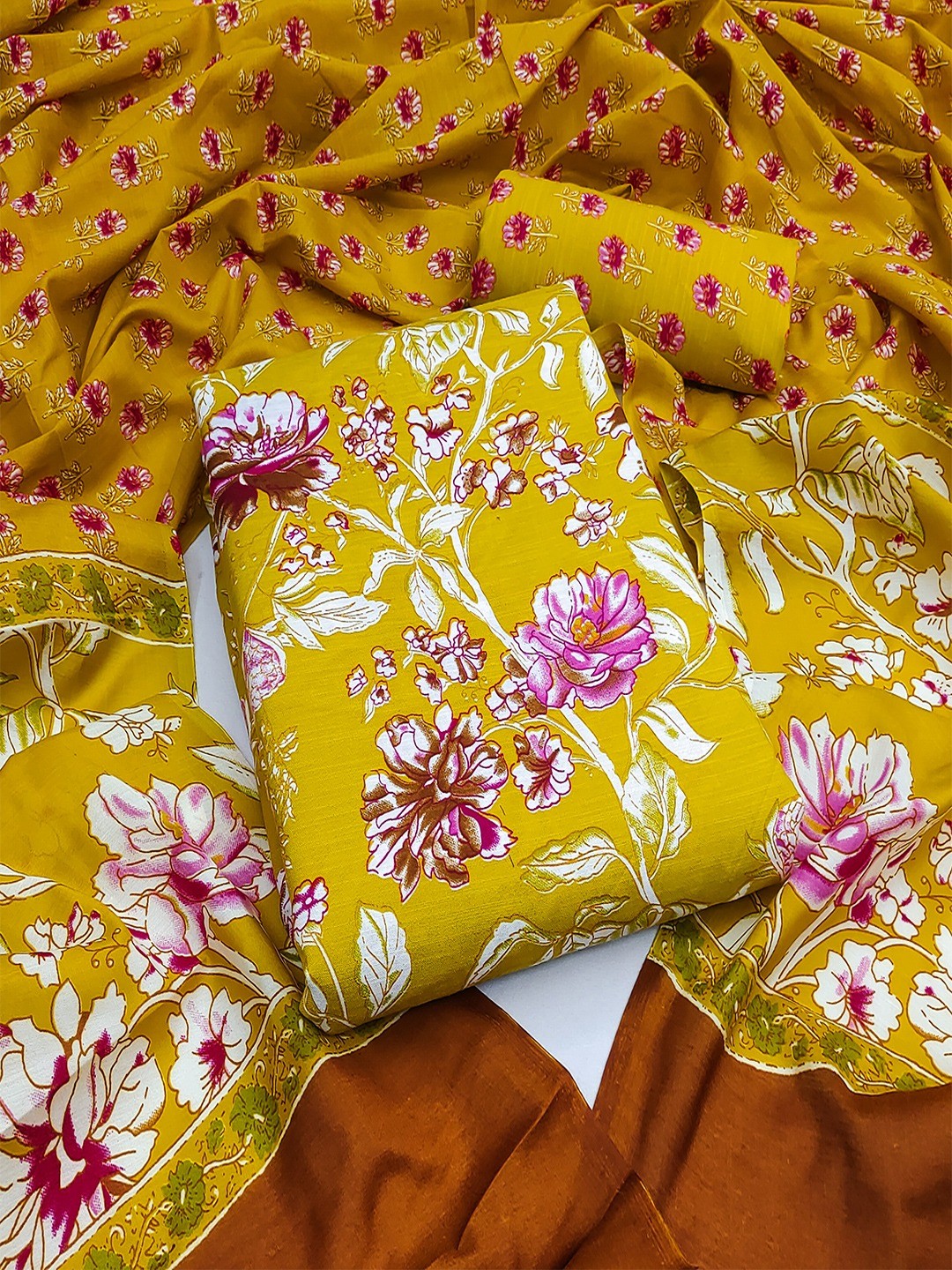 Exclusive Dark Mustard Floral Printed Rayon Dress Material With Delicate Design Finish
