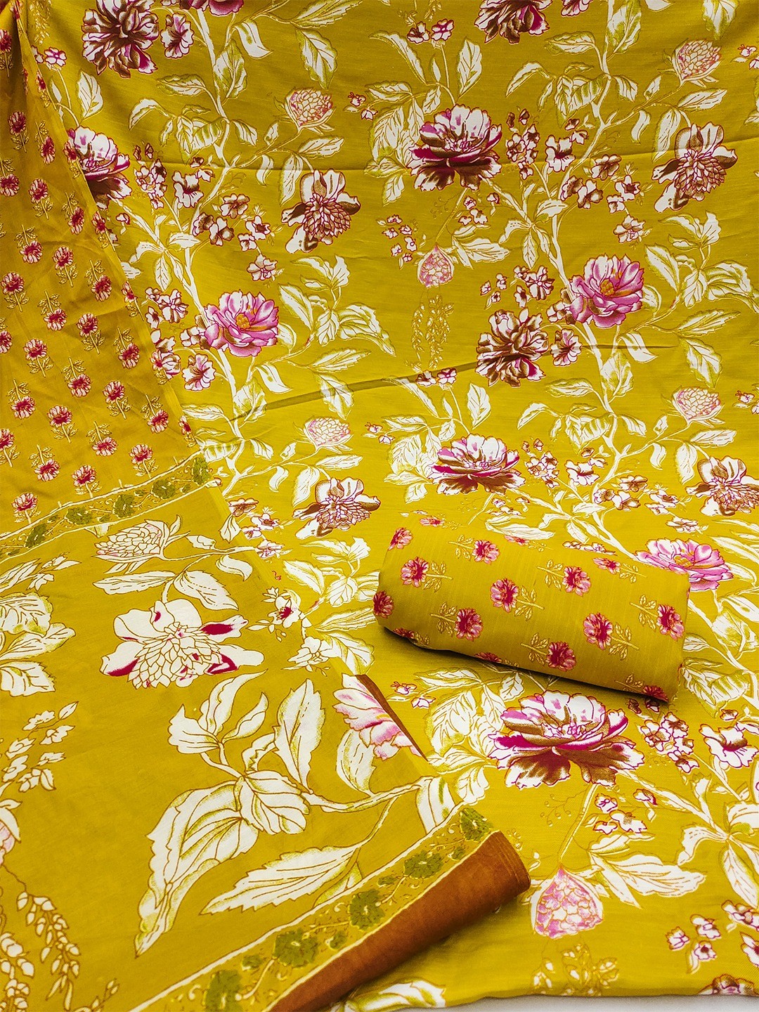 Exclusive Dark Mustard Floral Printed Rayon Dress Material With Delicate Design Finish