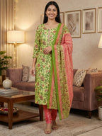 Green Floral Printed Rayon Unstitched Dress Material with Dupatta