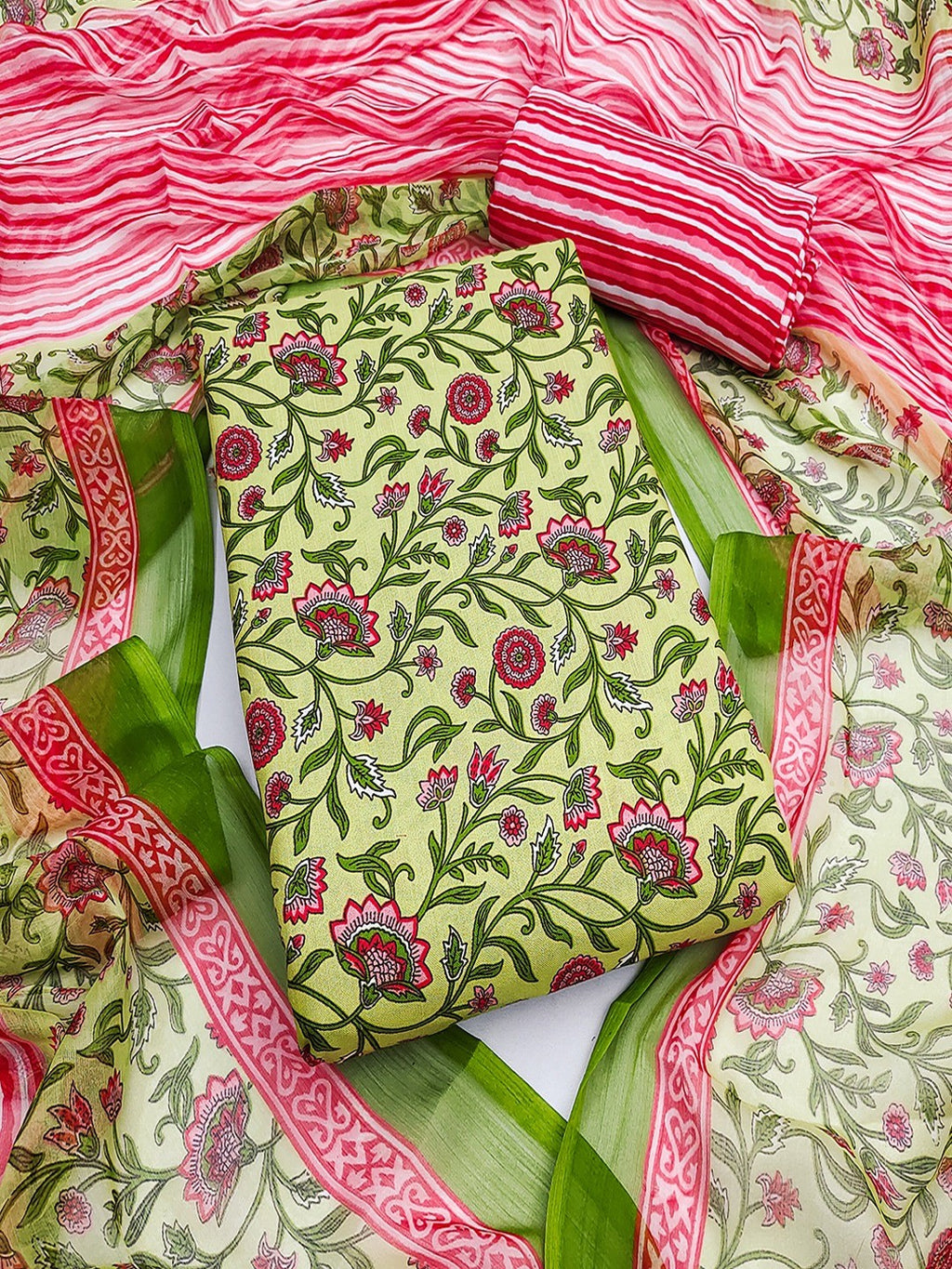 Green Floral Printed Rayon Unstitched Dress Material with Dupatta