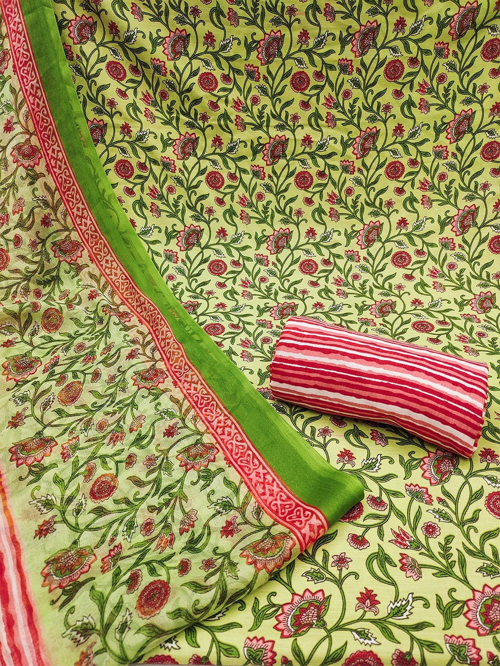 Green Floral Printed Rayon Unstitched Dress Material with Dupatta