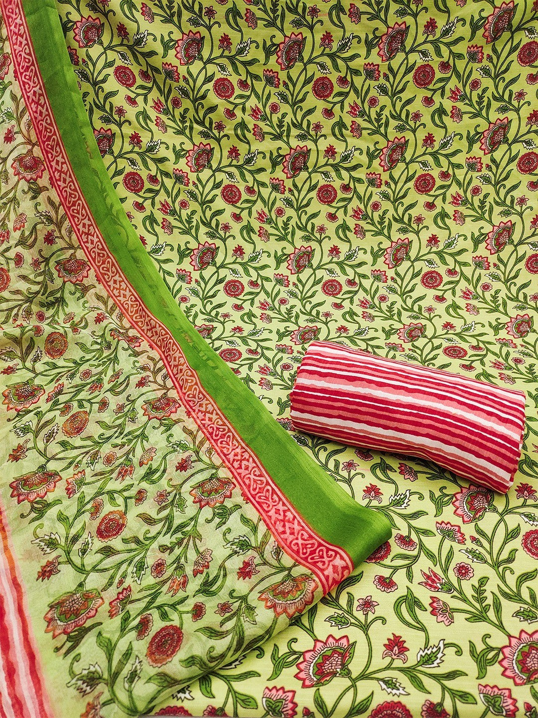 Green Floral Printed Rayon Unstitched Dress Material with Dupatta