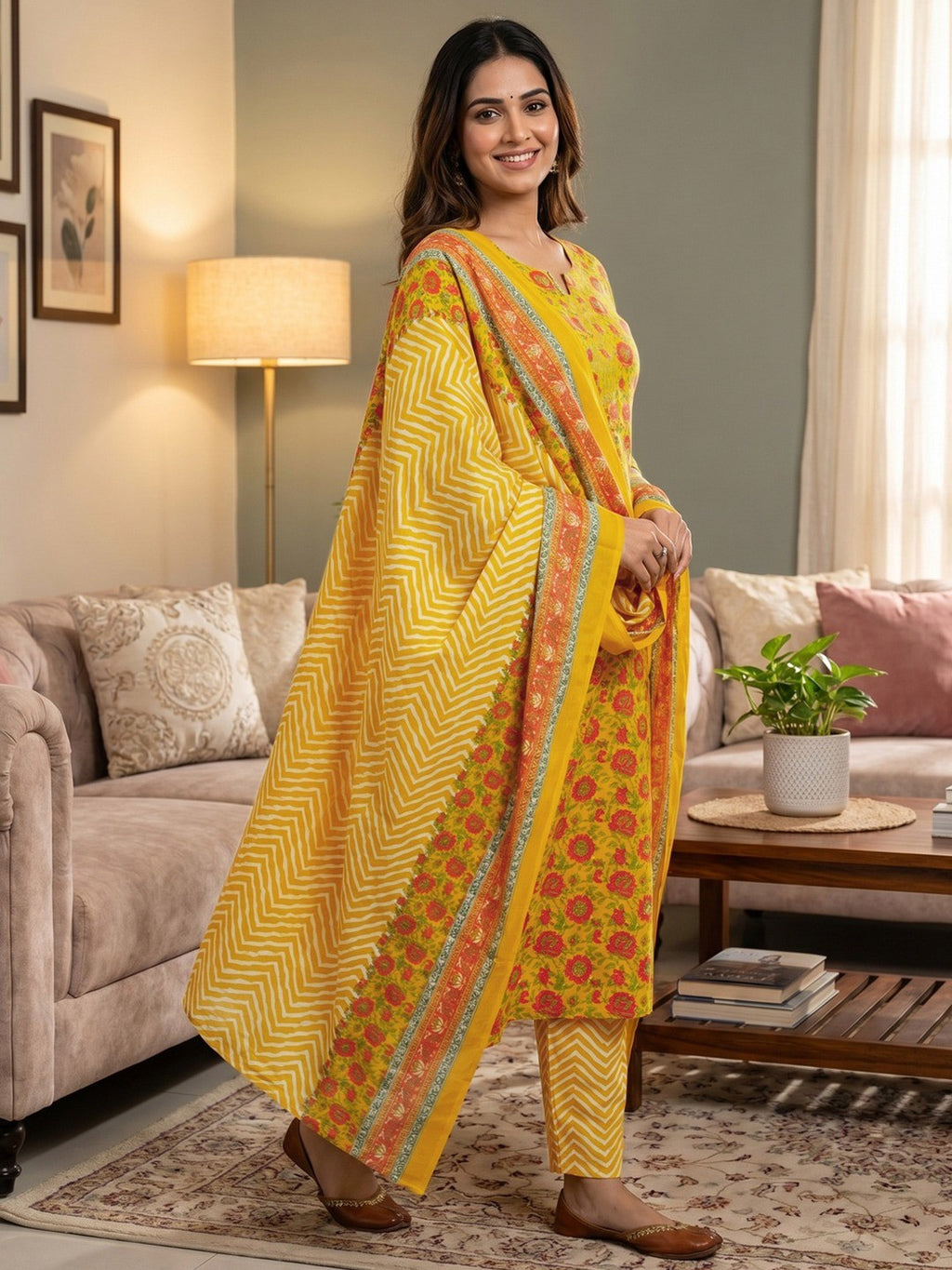 Exclusive Mustard Floral Printed Rayon Dress Material With Delicate Design Finish