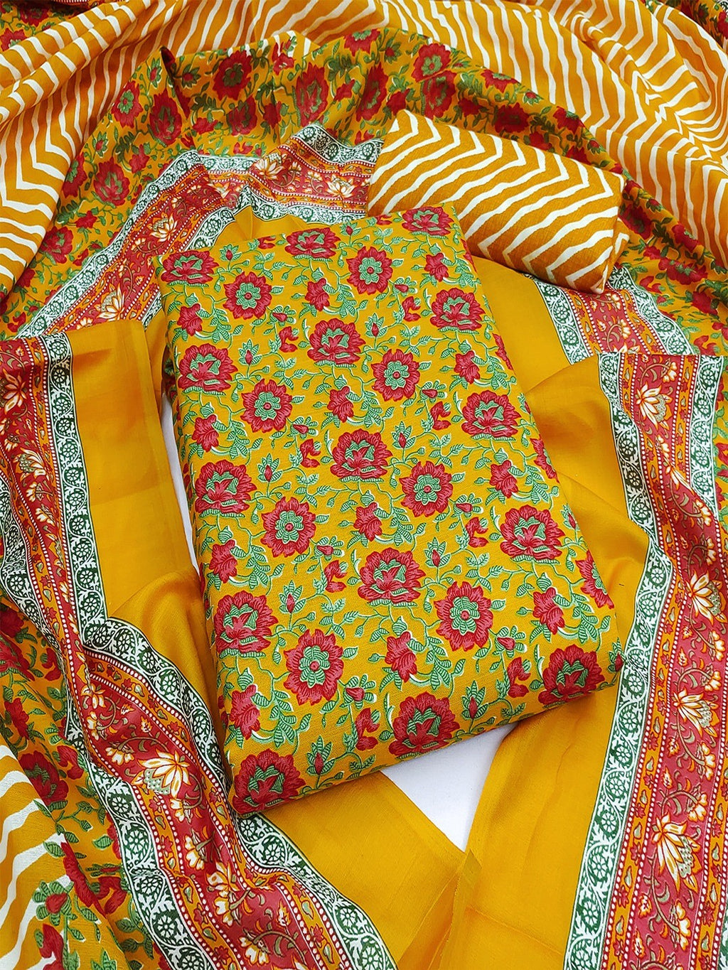 Exclusive Mustard Floral Printed Rayon Dress Material With Delicate Design Finish