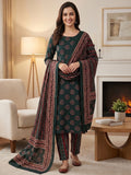 Exclusive Dark Bottle Green Geometric Printed Rayon Dress Material With Delicate Design Finish