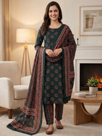 Exclusive Dark Bottle Green Geometric Printed Rayon Dress Material With Delicate Design Finish
