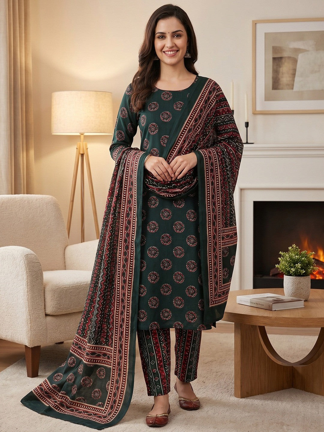 Exclusive Dark Bottle Green Geometric Printed Rayon Dress Material With Delicate Design Finish
