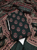 Exclusive Dark Bottle Green Geometric Printed Rayon Dress Material With Delicate Design Finish