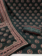 Exclusive Dark Bottle Green Geometric Printed Rayon Dress Material With Delicate Design Finish