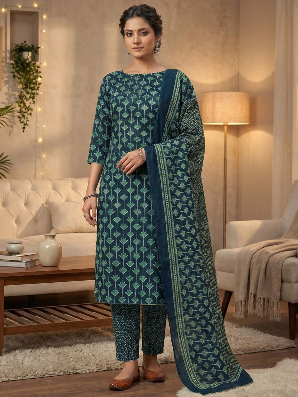 Exclusive Blue Floral Printed Rayon Dress Material With Delicate Design Finish