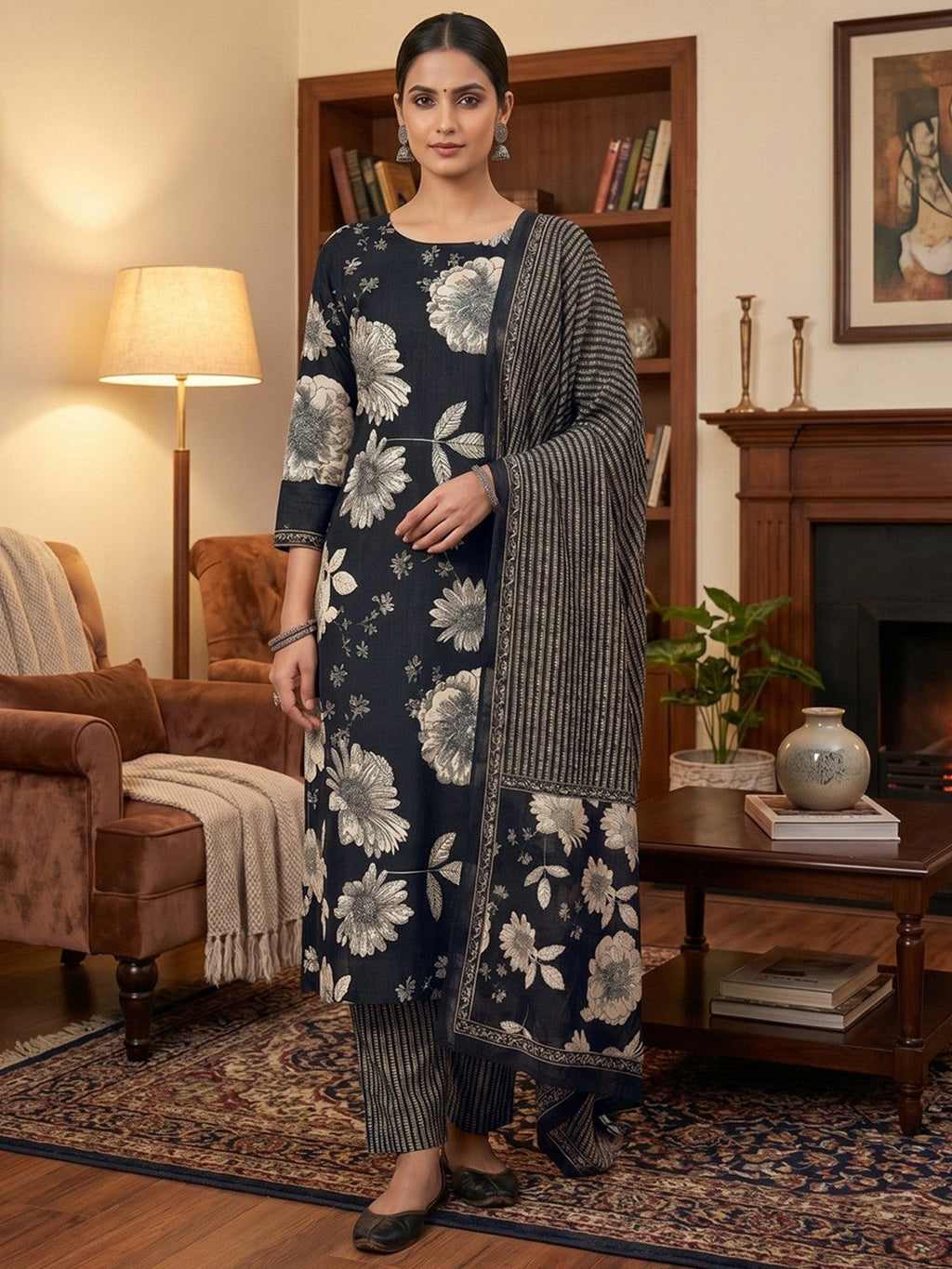 Exclusive Black Floral Printed Rayon Dress Material With Delicate Design Finish