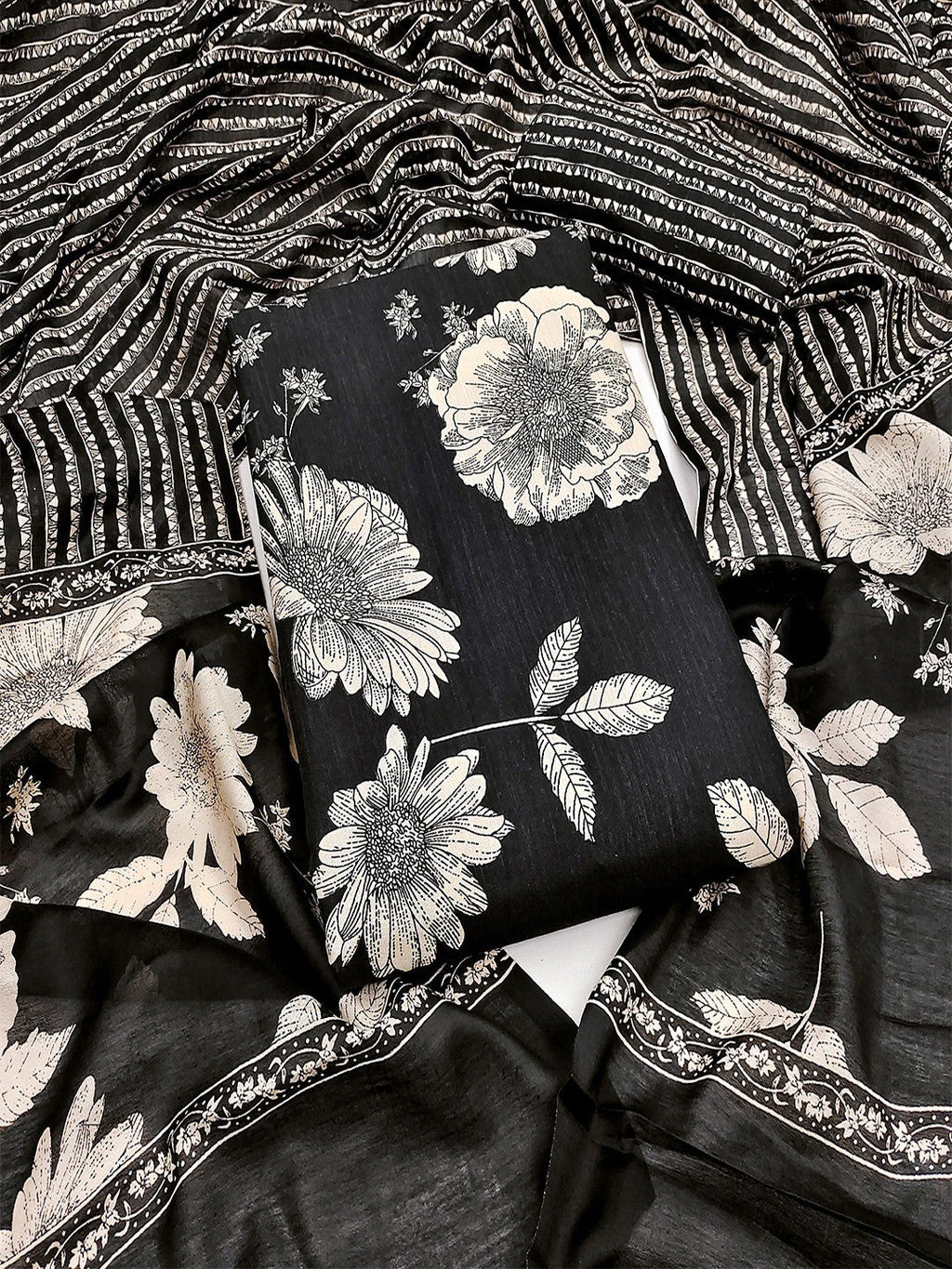 Exclusive Black Floral Printed Rayon Dress Material With Delicate Design Finish