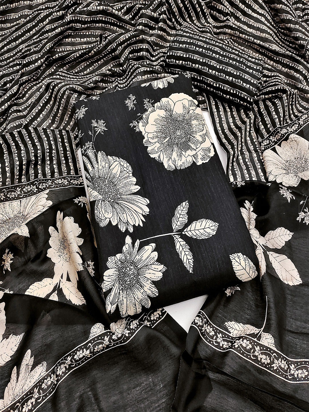 Exclusive Black Floral Printed Rayon Dress Material With Delicate Design Finish