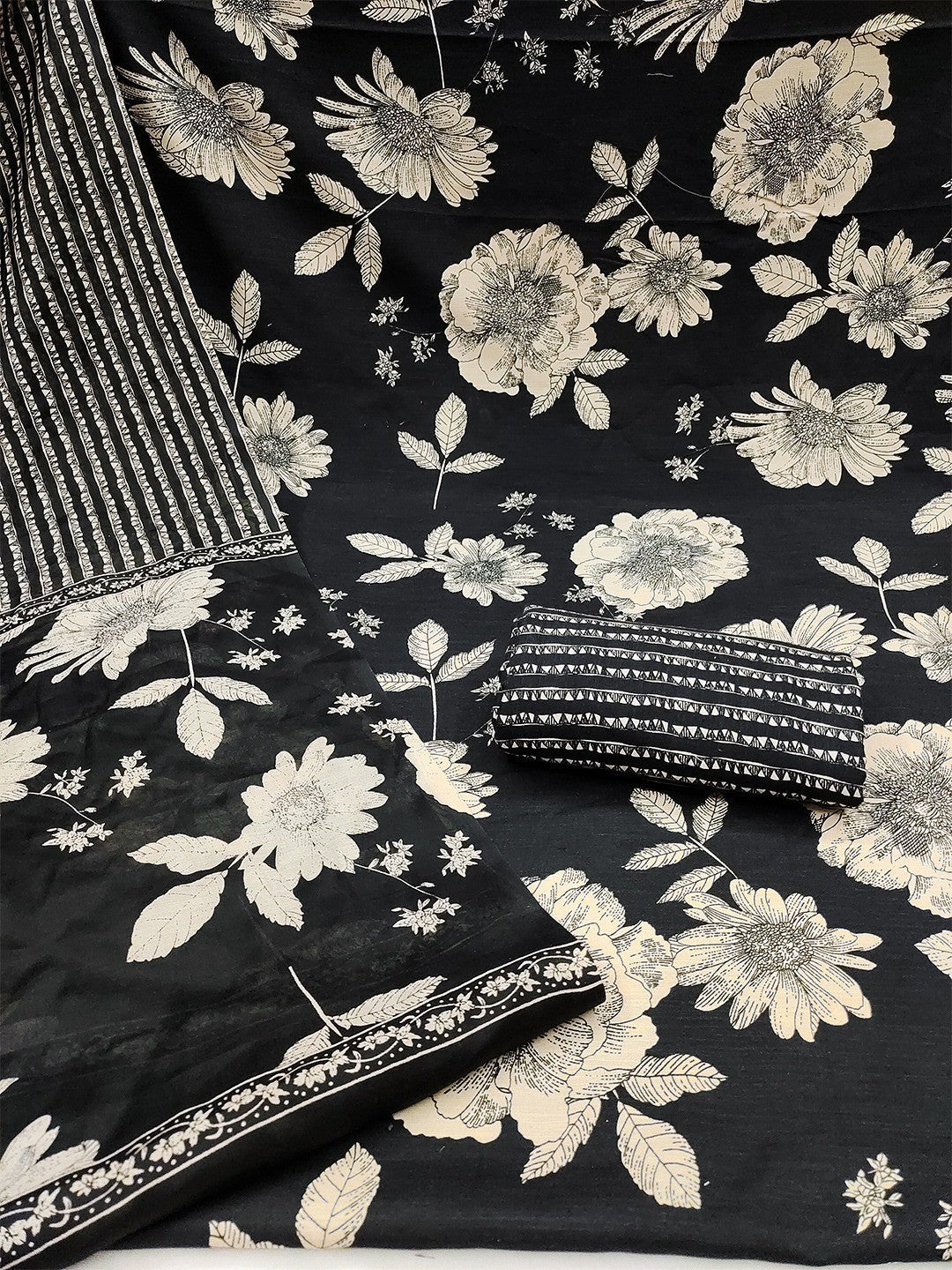 Exclusive Black Floral Printed Rayon Dress Material With Delicate Design Finish