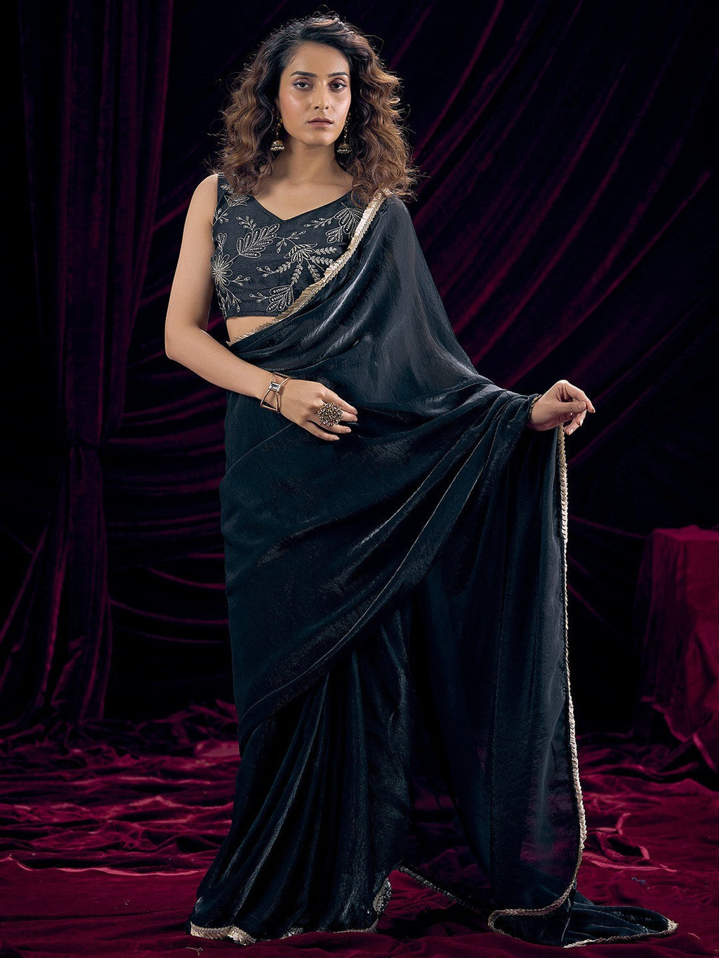 Classic Black Solid Art Silk Saree Adorned With Traditional Gota Patti Lace Work