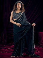 Classic Black Solid Art Silk Saree Adorned With Traditional Gota Patti Lace Work