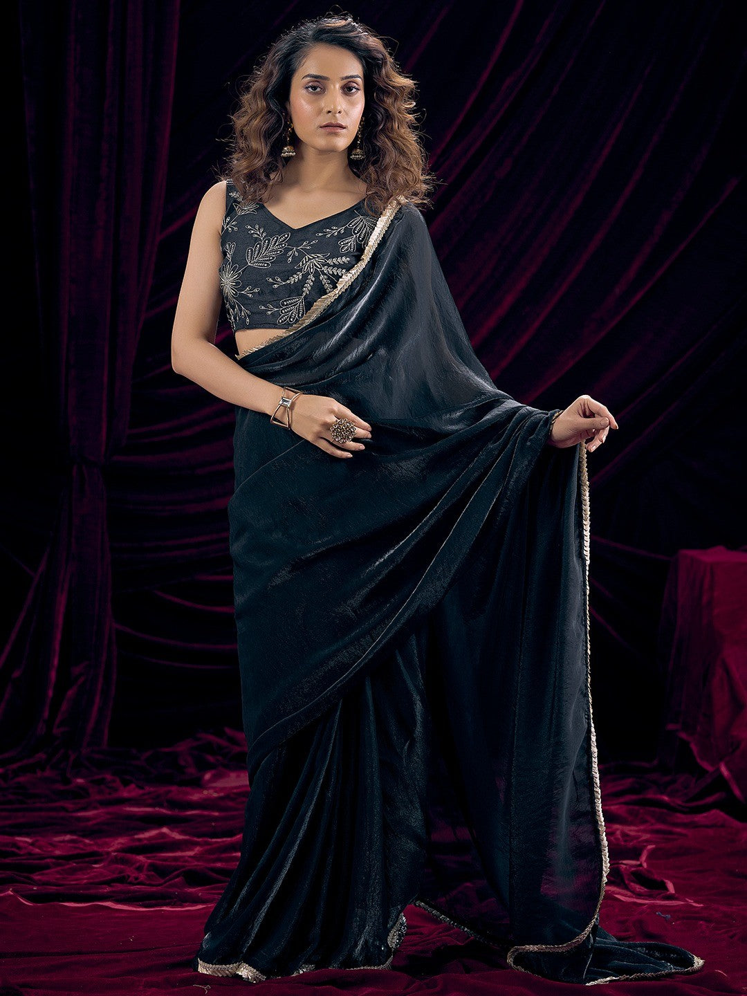 Classic Black Solid Art Silk Saree Adorned With Traditional Gota Patti Lace Work