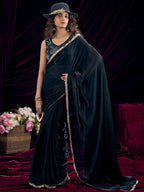 Classic Black Solid Art Silk Saree Adorned With Traditional Gota Patti Lace Work