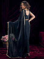 Classic Black Solid Art Silk Saree Adorned With Traditional Gota Patti Lace Work