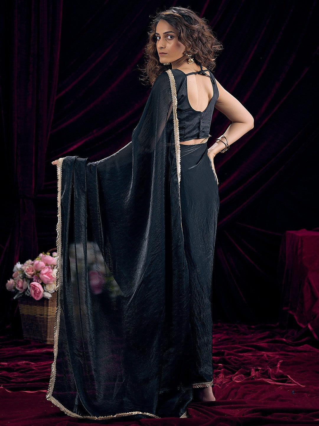 Classic Black Solid Art Silk Saree Adorned With Traditional Gota Patti Lace Work