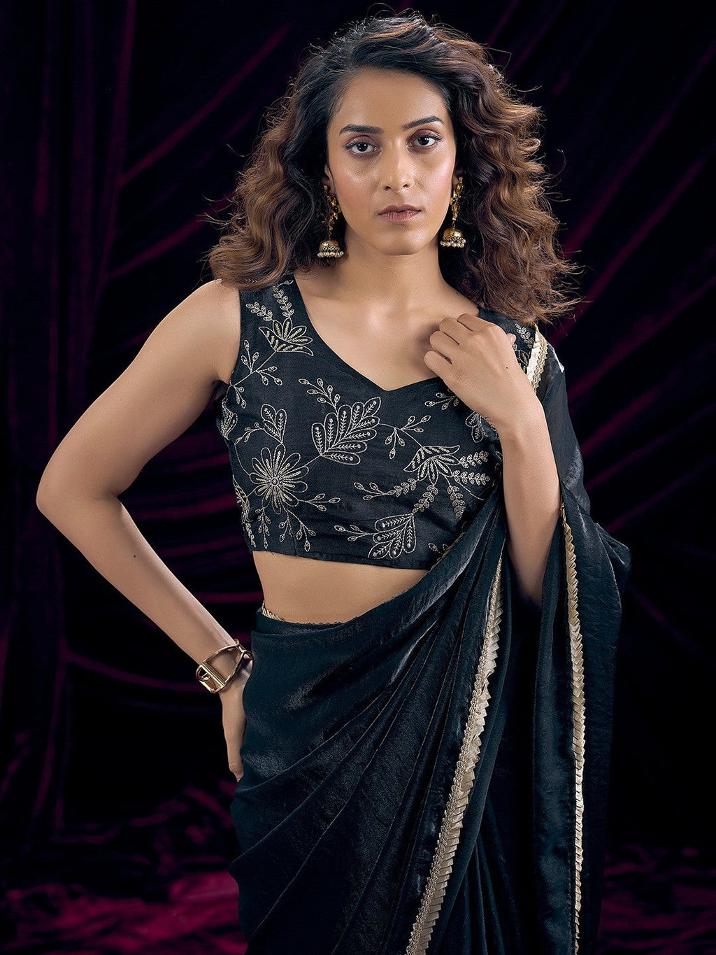 Classic Black Solid Art Silk Saree Adorned With Traditional Gota Patti Lace Work