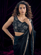 Classic Black Solid Art Silk Saree Adorned With Traditional Gota Patti Lace Work