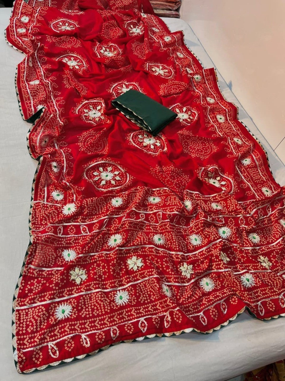 Red Vichitra Silk Saree with Bandhani Design and Gota Work Traditional Look