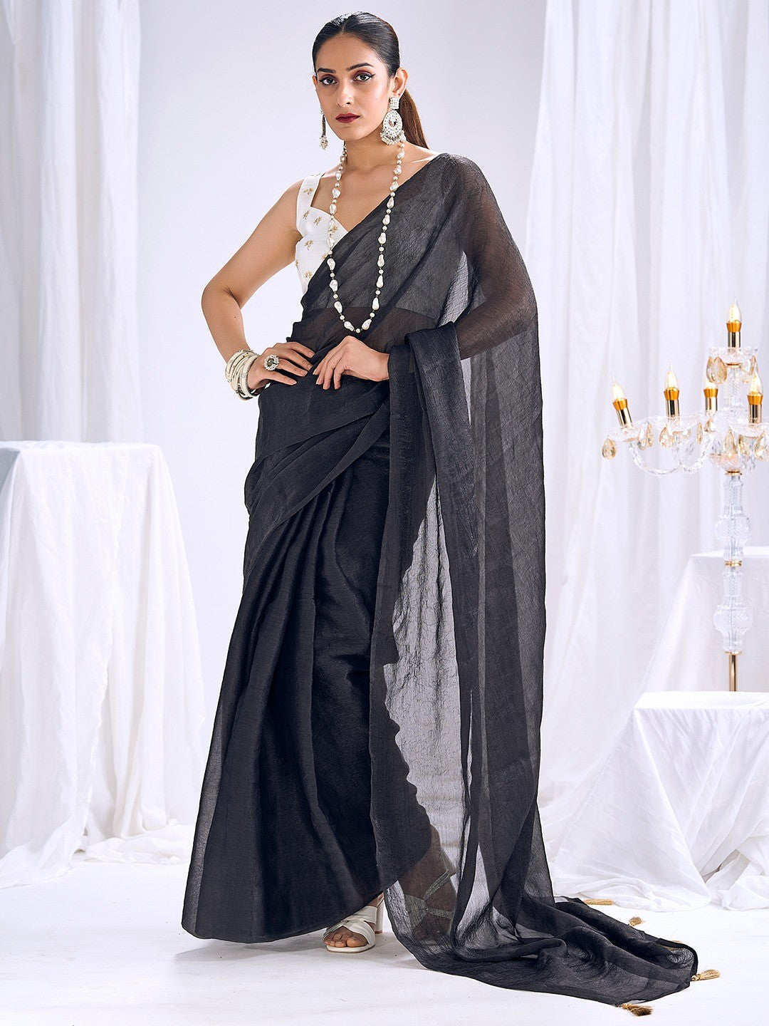 Graceful Black Art Silk Party Wear Saree With Minimal Solid Design & Tassel Pallu