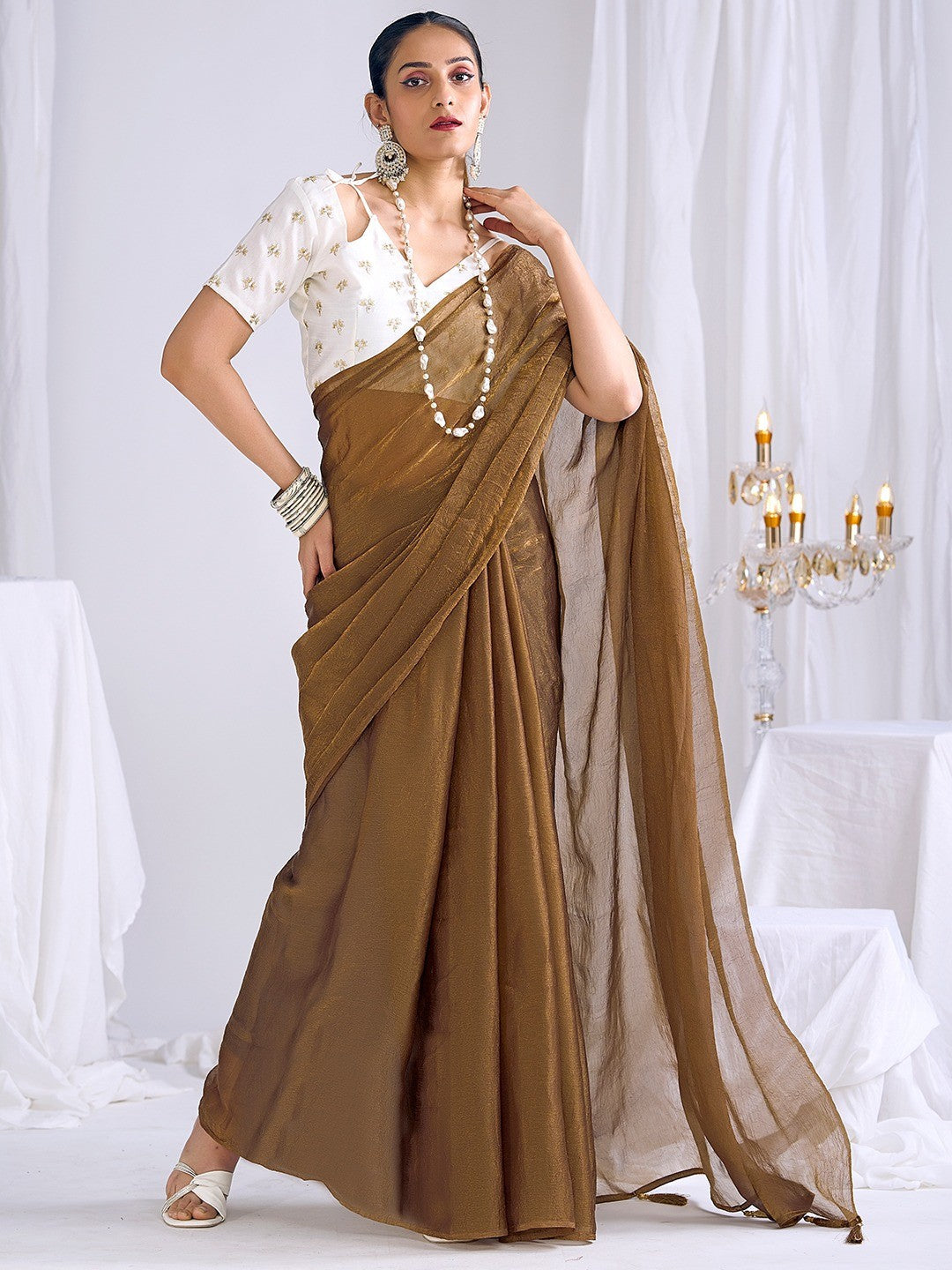 Graceful Brown Art Silk Party Wear Saree With Minimal Solid Design & Tassel Pallu