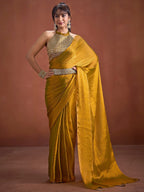 Trendy Mustard Solid Art Silk Saree With Stylish Belt & Tassel Pallu Detailing
