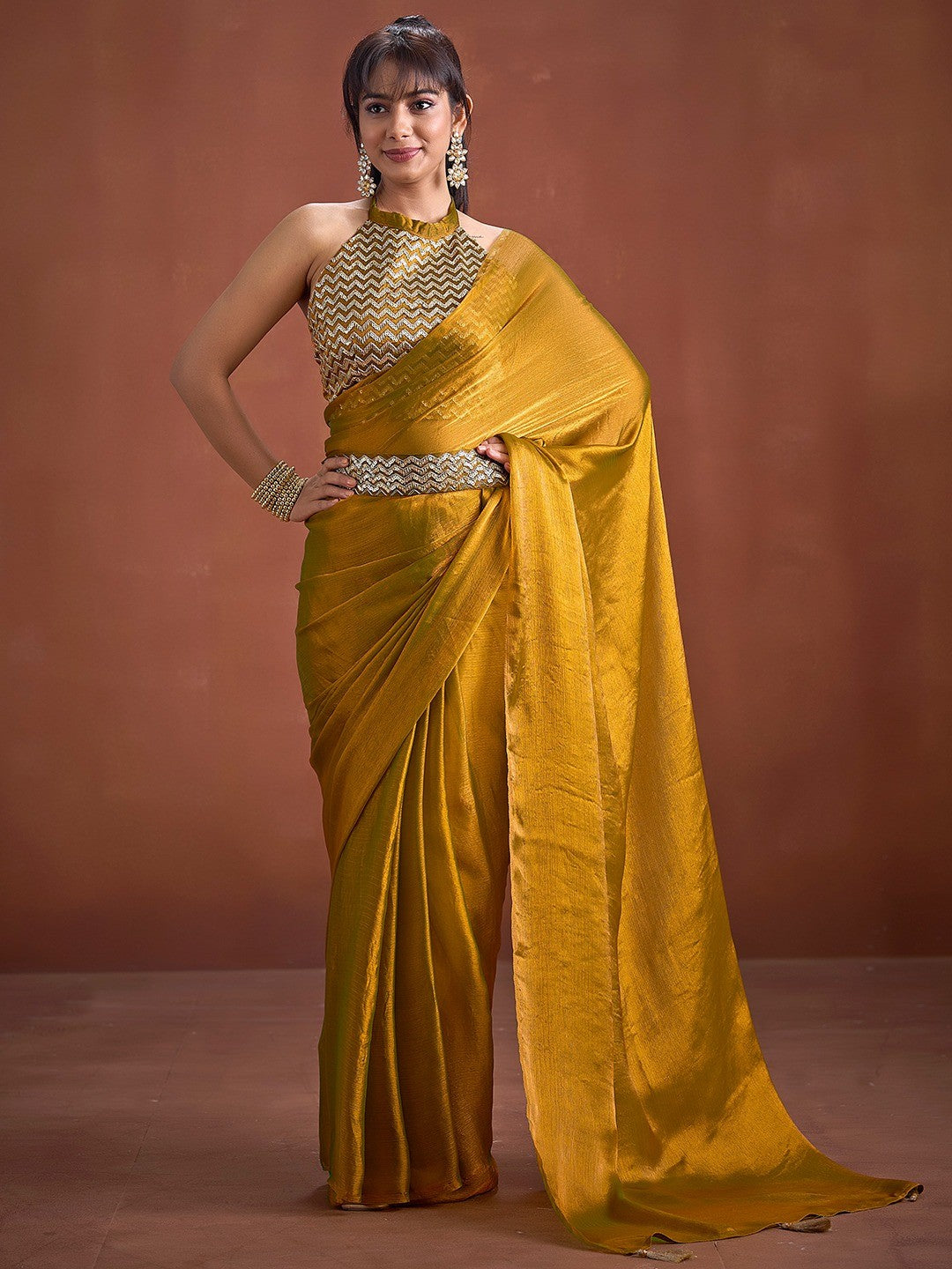 Trendy Mustard Solid Art Silk Saree With Stylish Belt & Tassel Pallu Detailing