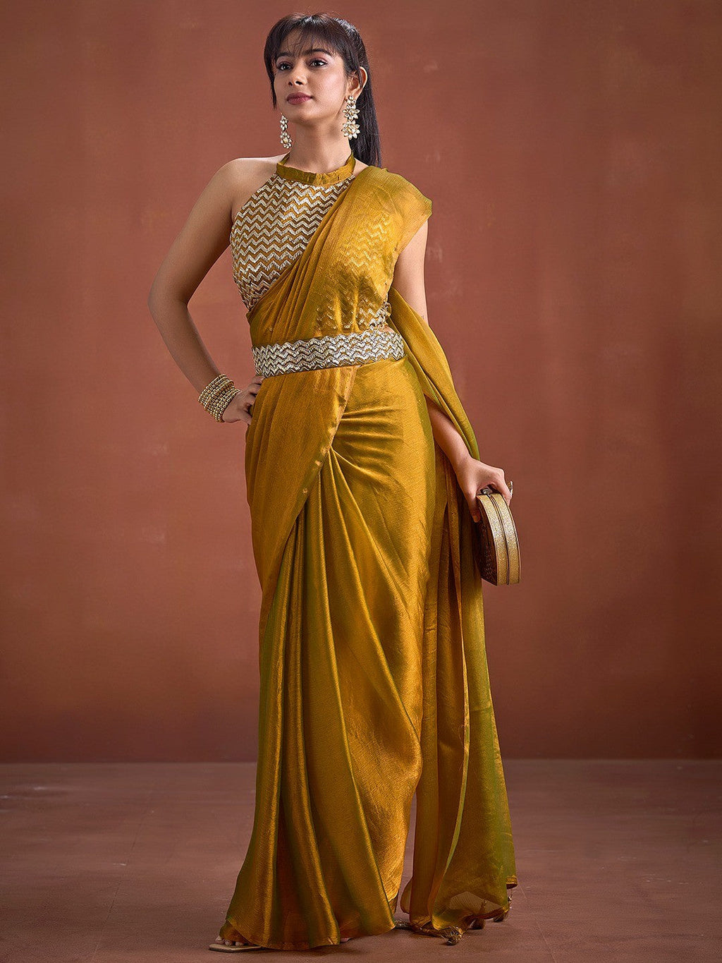 Trendy Mustard Solid Art Silk Saree With Stylish Belt & Tassel Pallu Detailing