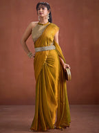 Trendy Mustard Solid Art Silk Saree With Stylish Belt & Tassel Pallu Detailing