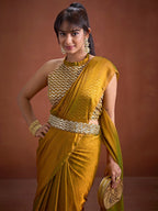 Trendy Mustard Solid Art Silk Saree With Stylish Belt & Tassel Pallu Detailing