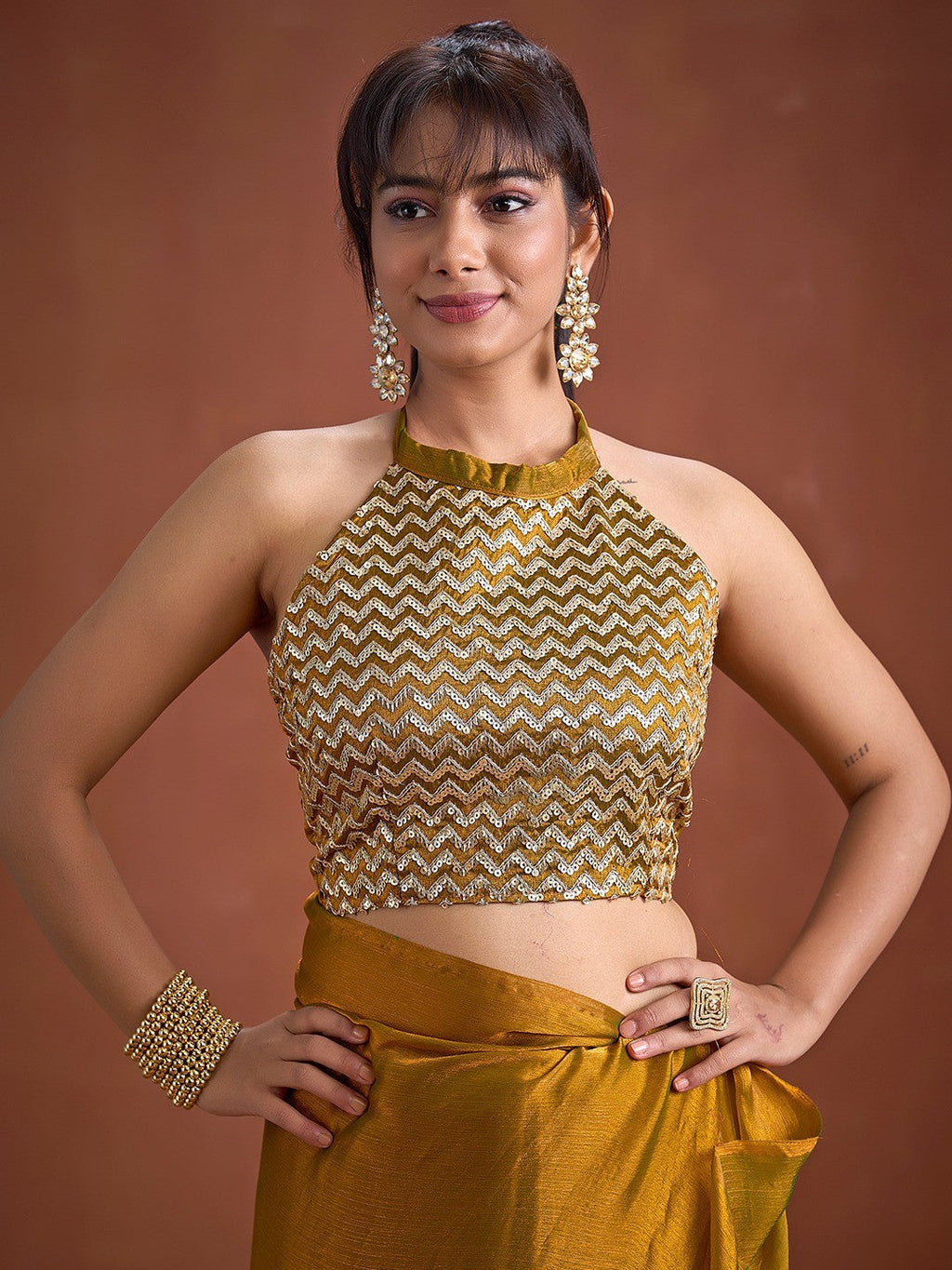 Trendy Mustard Solid Art Silk Saree With Stylish Belt & Tassel Pallu Detailing