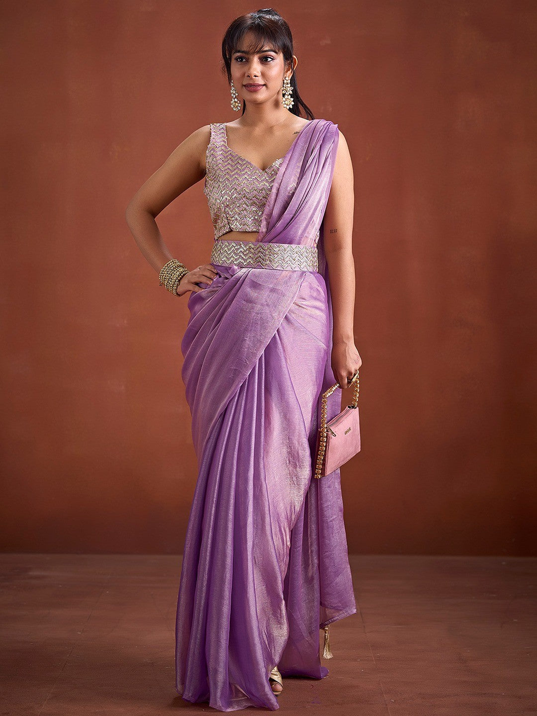 Trendy Lavender Solid Art Silk Saree With Stylish Belt & Tassel Pallu Detailing
