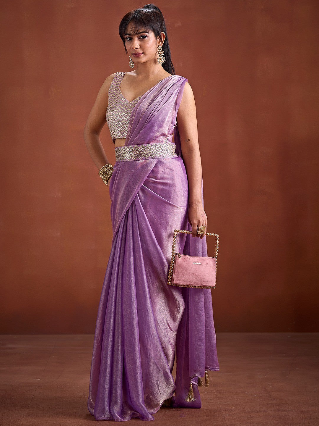 Trendy Lavender Solid Art Silk Saree With Stylish Belt & Tassel Pallu Detailing