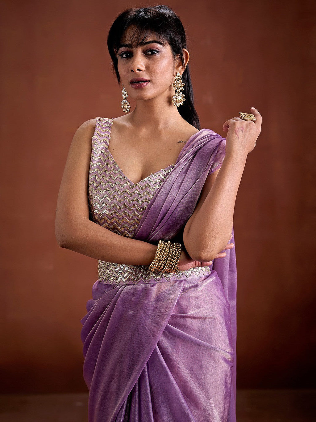 Trendy Lavender Solid Art Silk Saree With Stylish Belt & Tassel Pallu Detailing