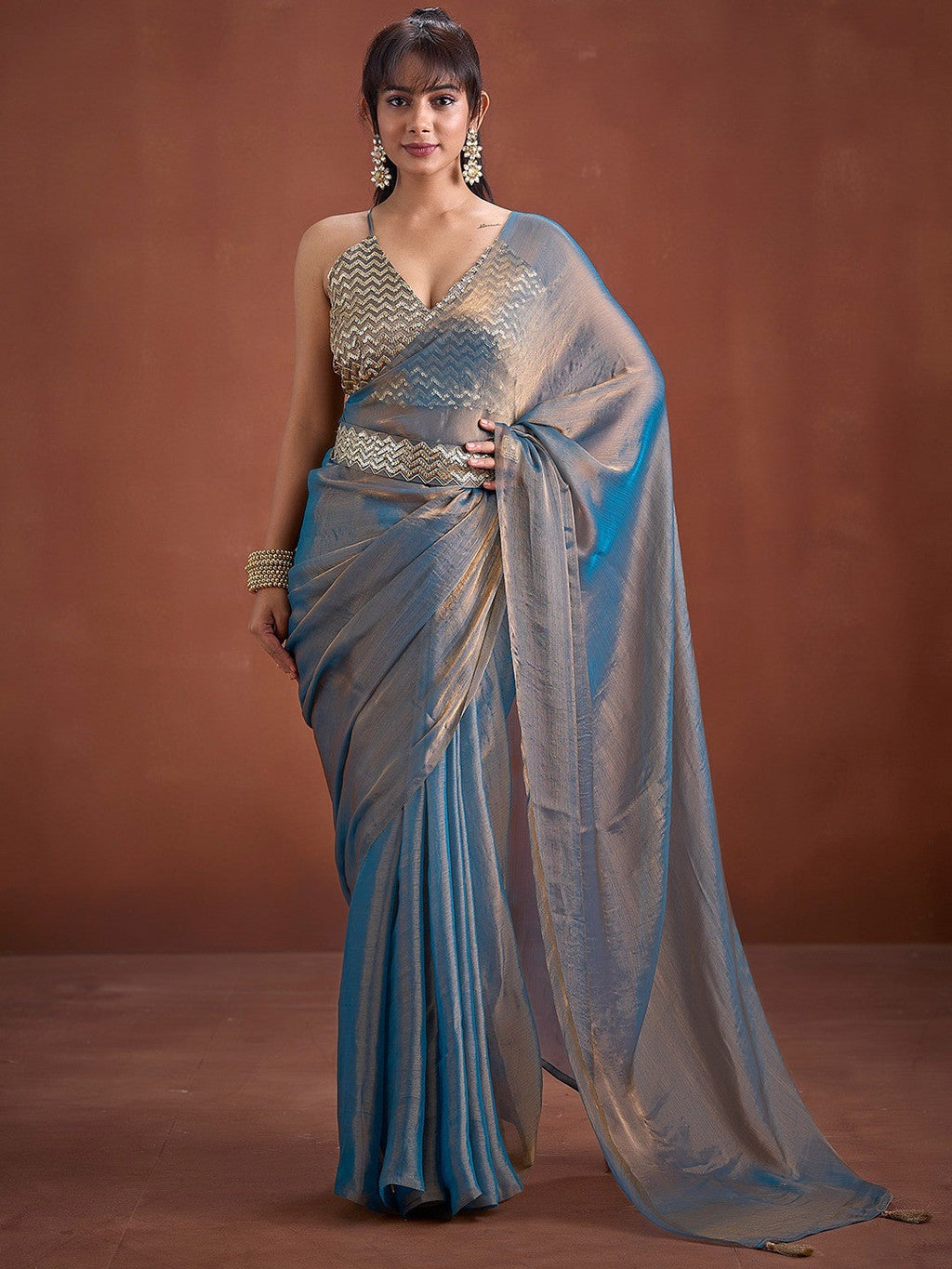 Trendy Blue Solid Art Silk Saree With Stylish Belt & Tassel Pallu Detailing