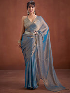 Trendy Blue Solid Art Silk Saree With Stylish Belt & Tassel Pallu Detailing
