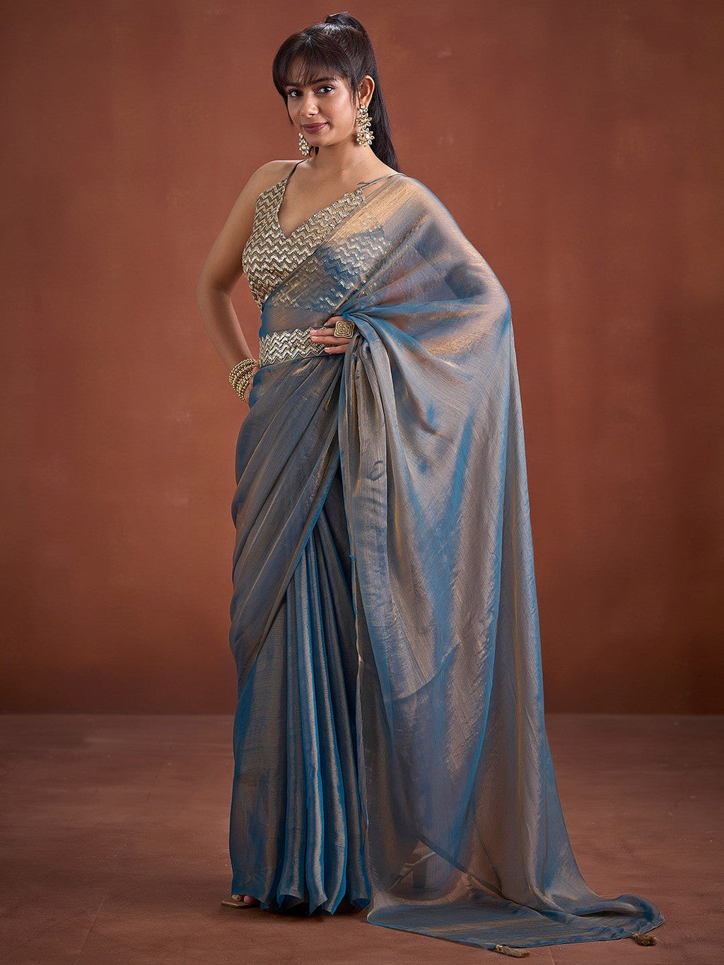 Trendy Blue Solid Art Silk Saree With Stylish Belt & Tassel Pallu Detailing