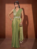 Trendy Pista Green Solid Art Silk Saree With Stylish Belt & Tassel Pallu Detailing