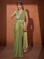Trendy Pista Green Solid Art Silk Saree With Stylish Belt & Tassel Pallu Detailing